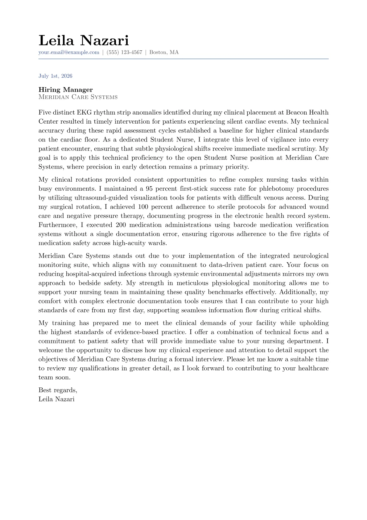 Student Nurse cover letter in the Classic design