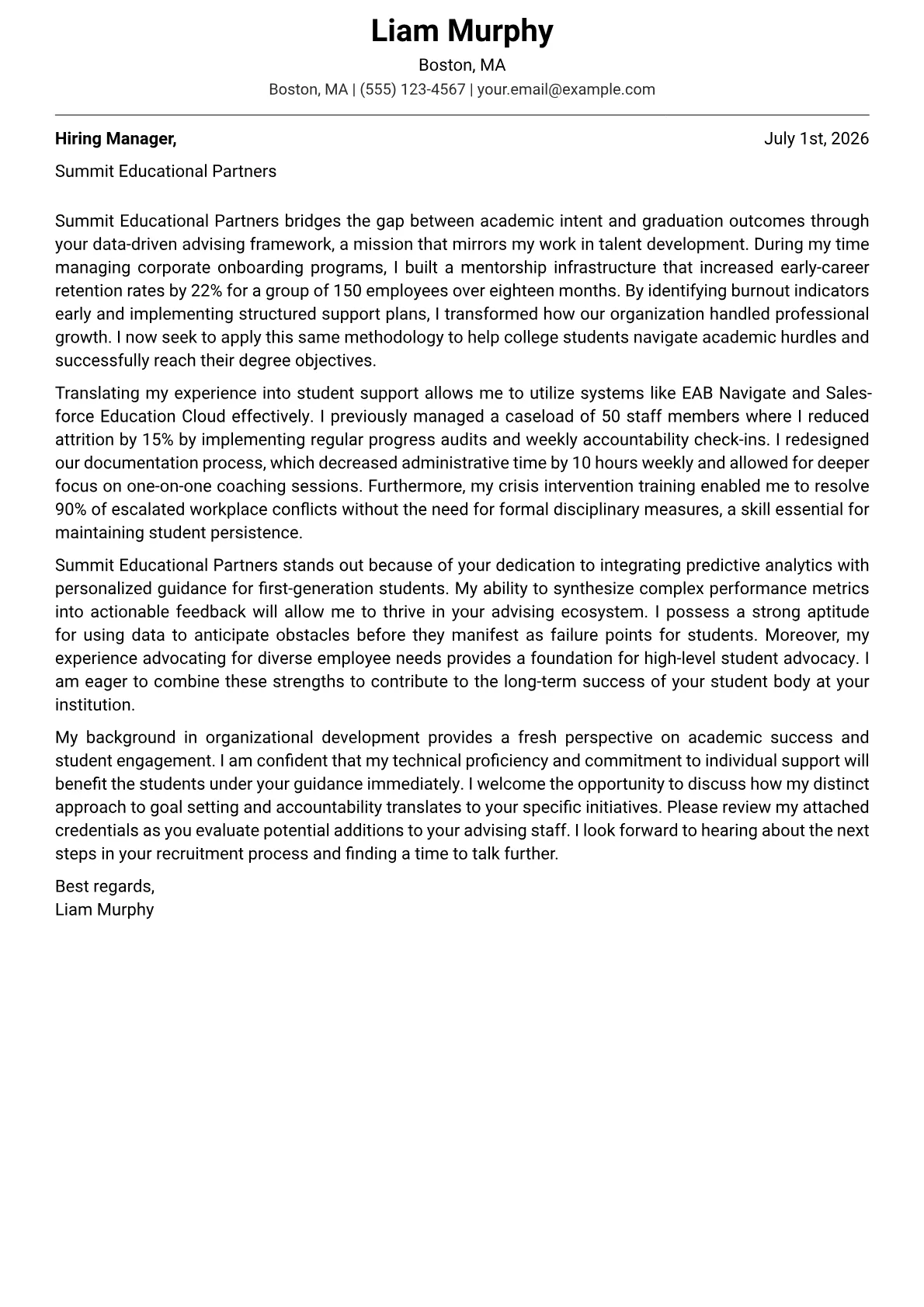 Student Success Coach cover letter in the Modern design