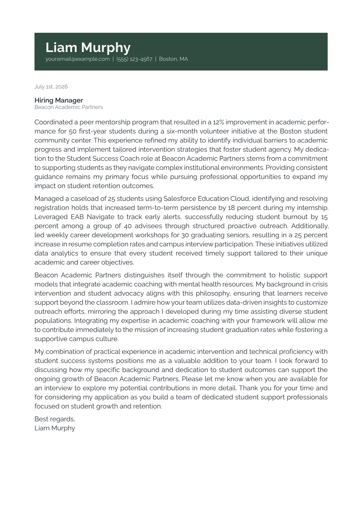 Student Success Coach cover letter in the Banner design