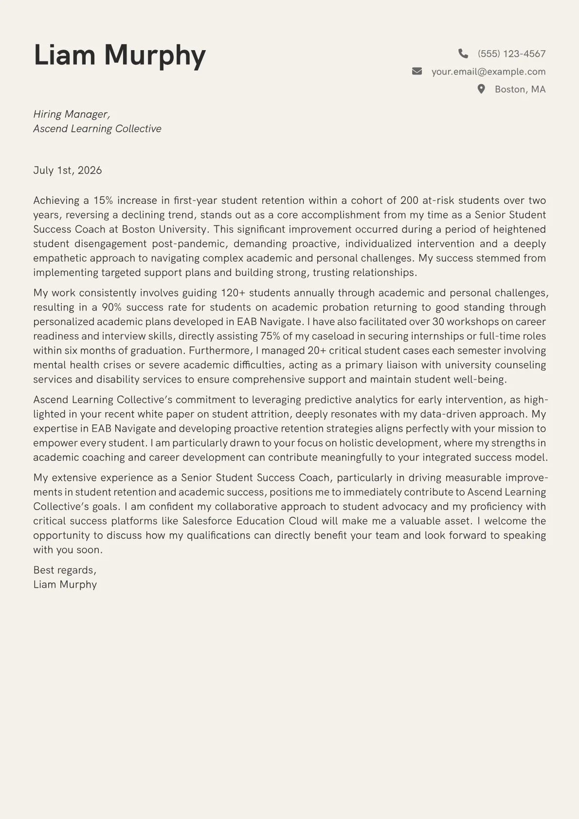 Student Success Coach cover letter formatted with a JobSprout template