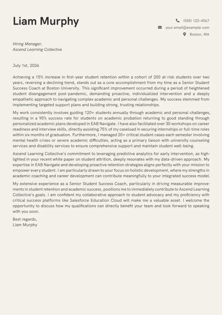 Student Success Coach cover letter example preview