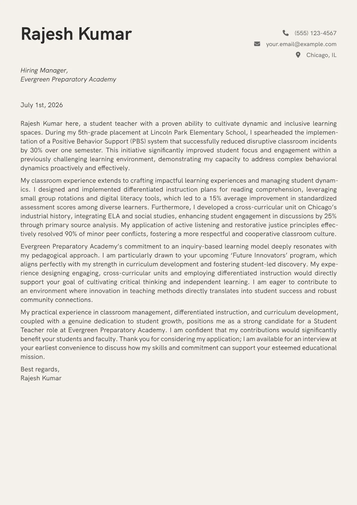 Student Teacher cover letter formatted with a JobSprout template