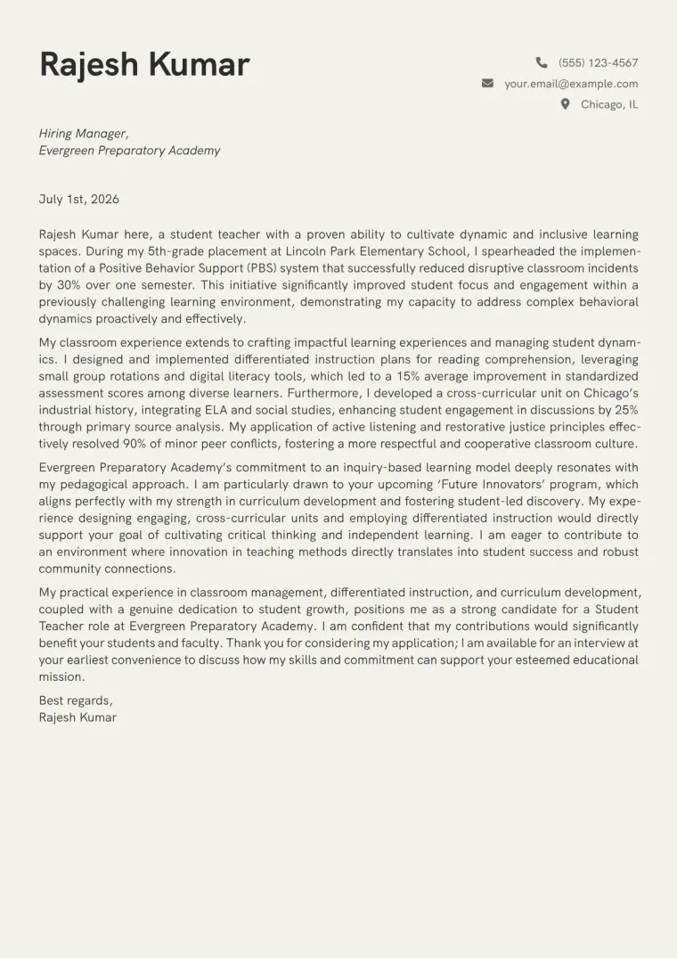 Student Teacher Cover Letter Example