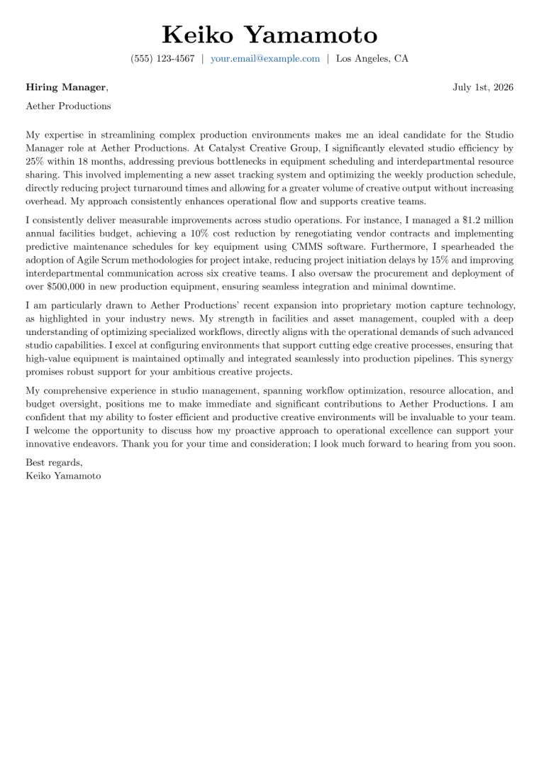 Studio Manager cover letter example
