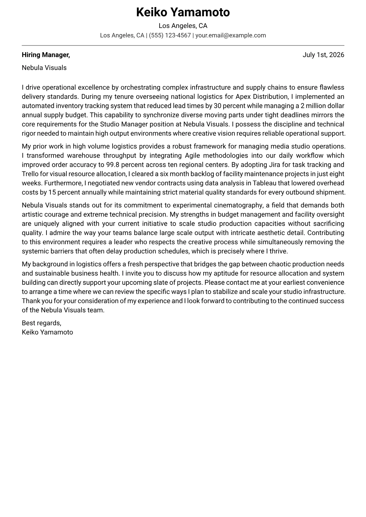 Studio Manager cover letter in the Modern design