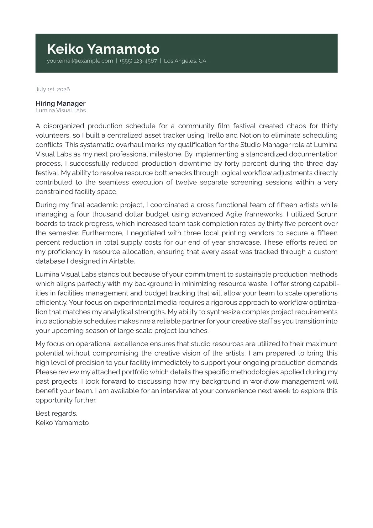 Studio Manager cover letter in the Banner design