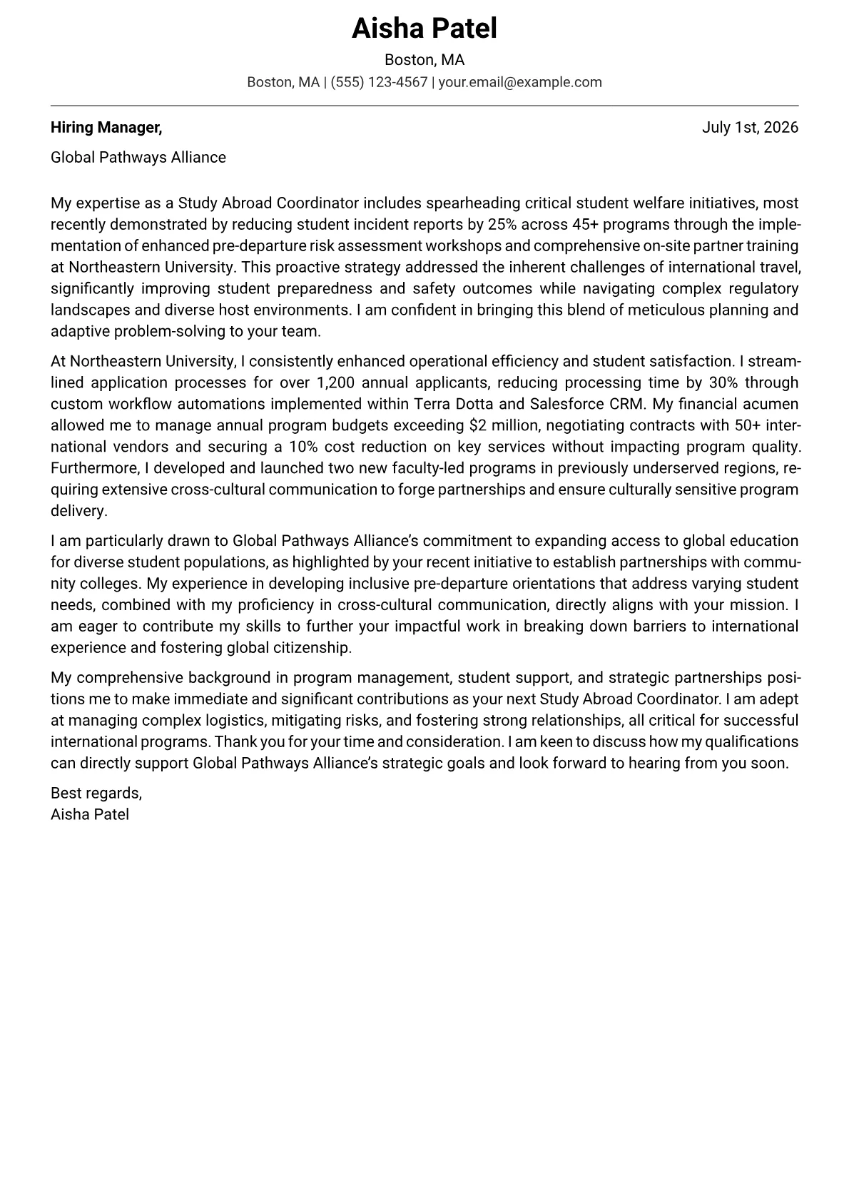Study Abroad Coordinator cover letter formatted with a JobSprout template