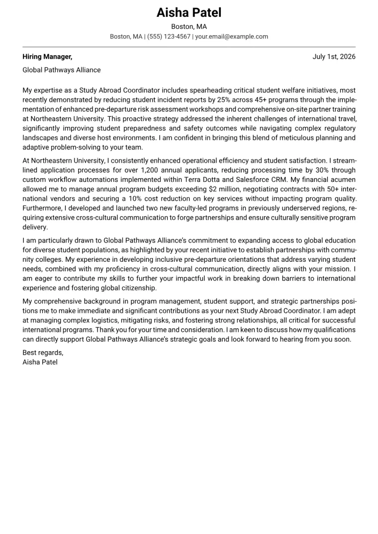Study Abroad Coordinator cover letter example preview