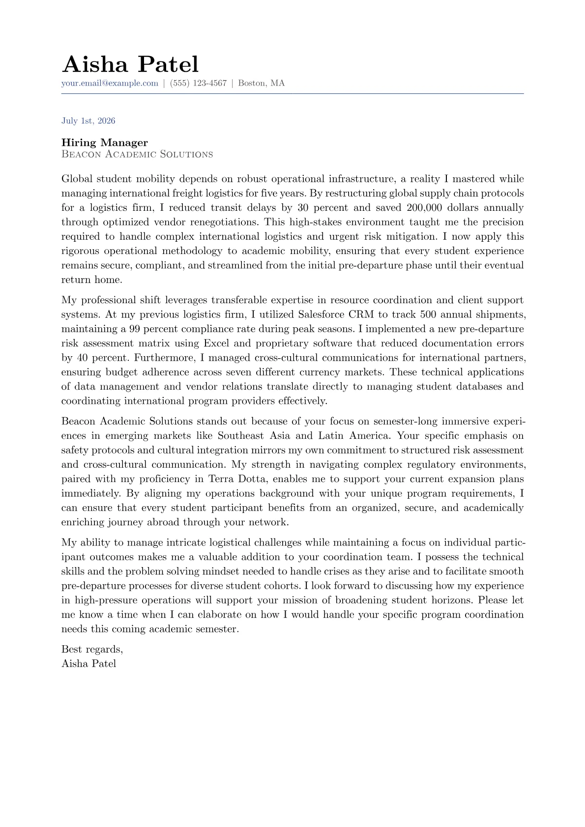 Study Abroad Coordinator cover letter in the Classic design