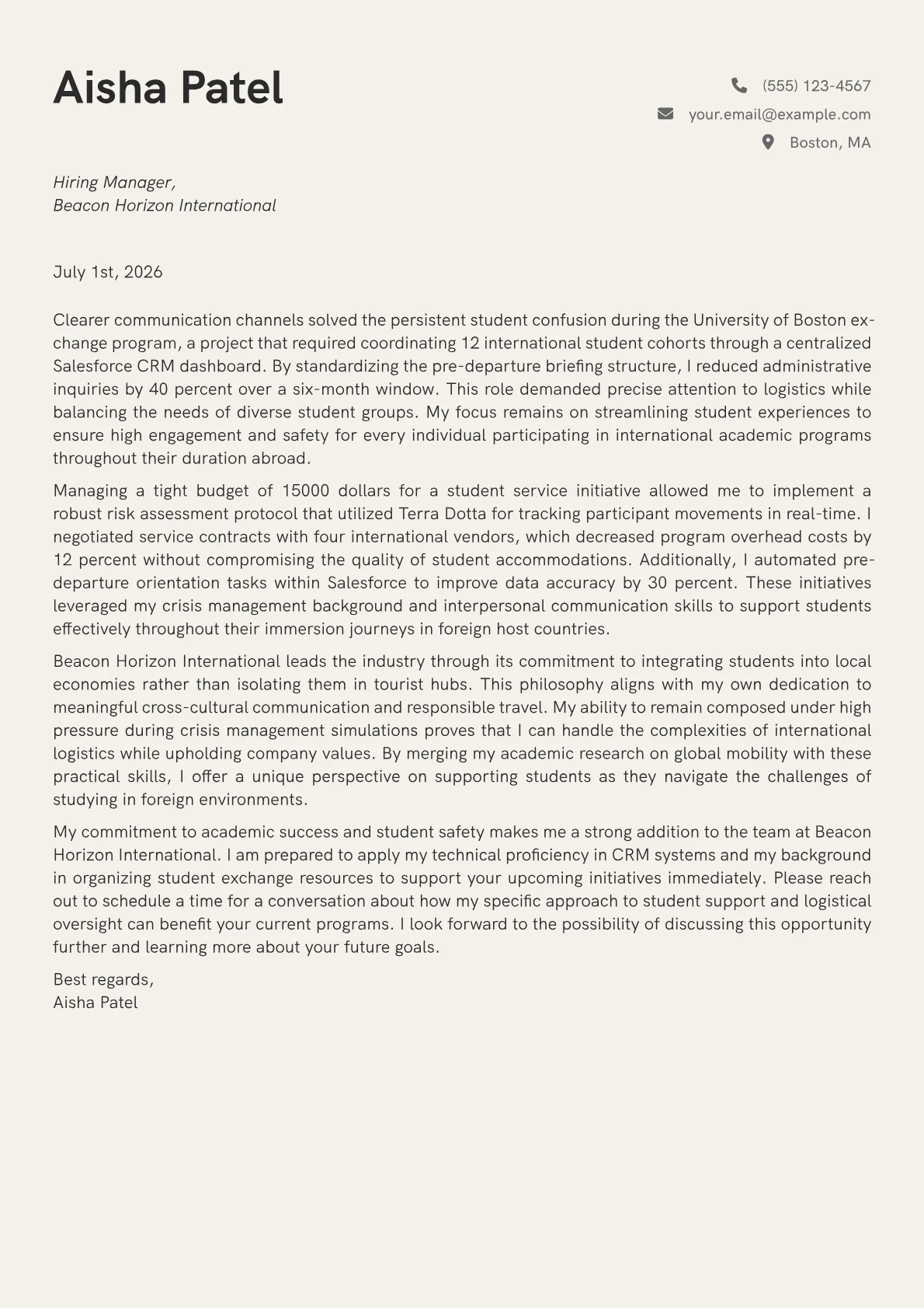 Study Abroad Coordinator cover letter in the Creative design