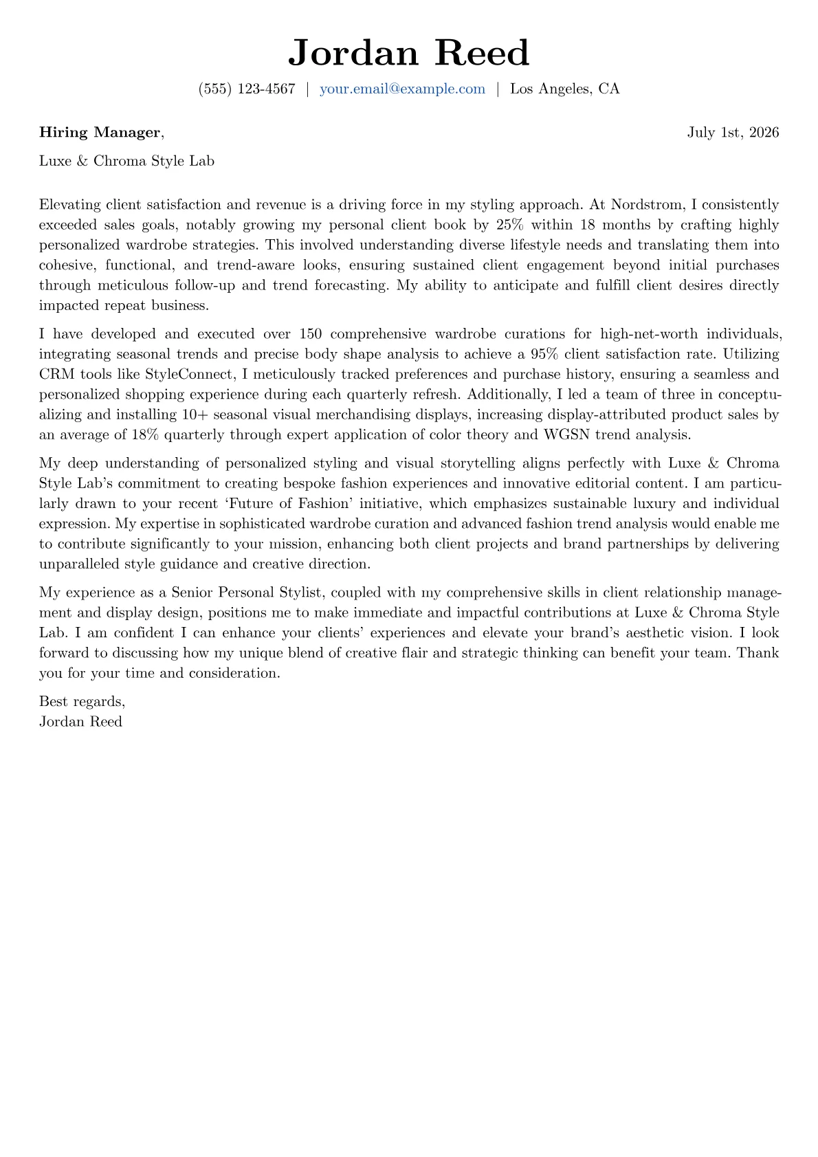 Stylist cover letter formatted with a JobSprout template