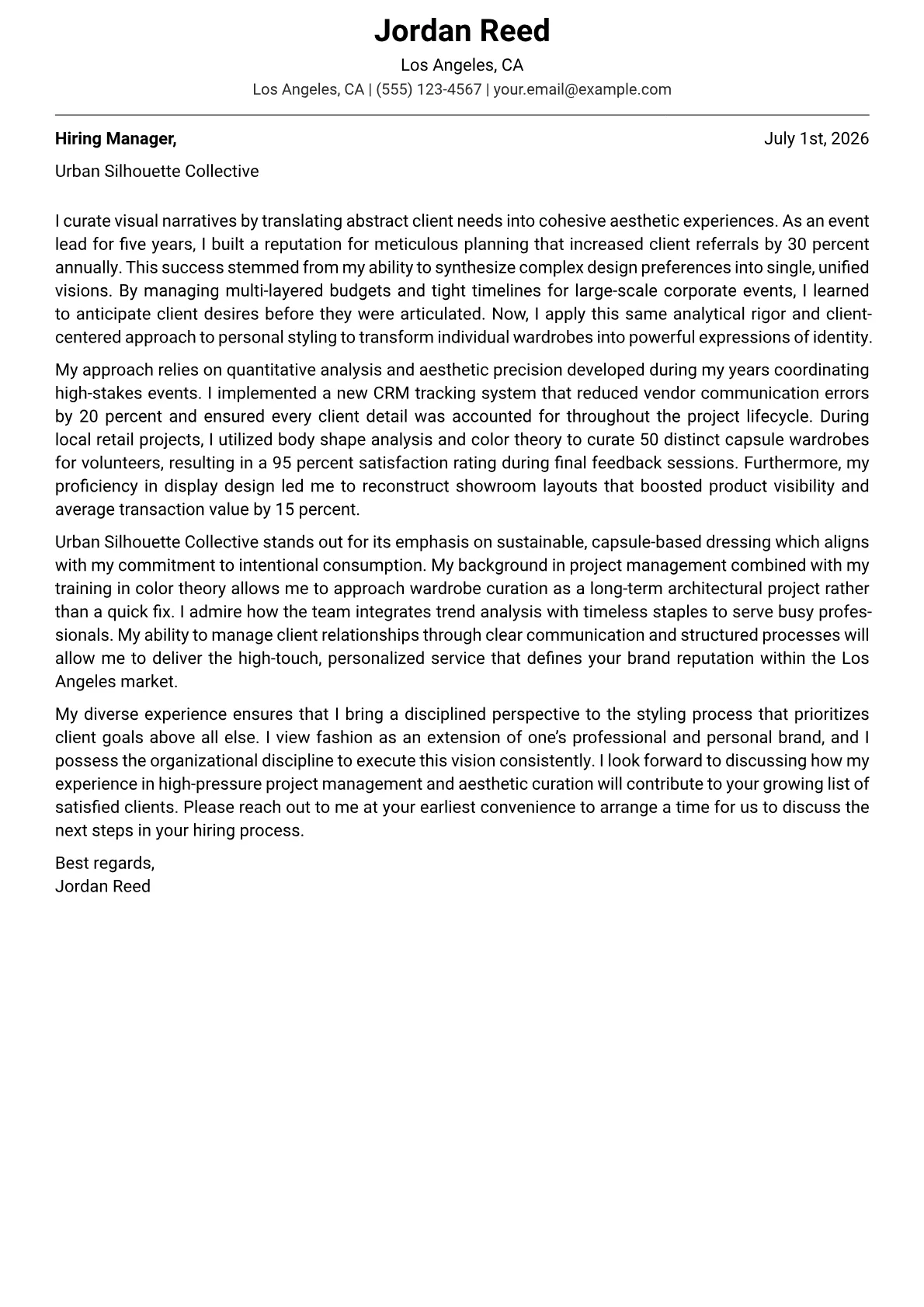 Stylist cover letter in the Modern design