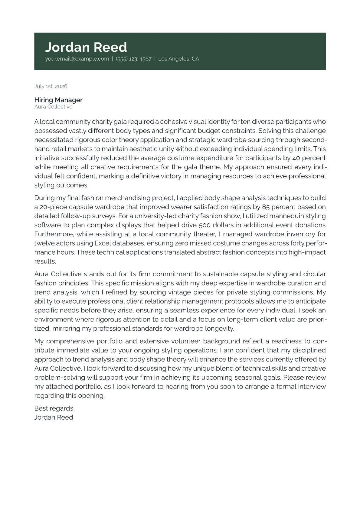 Stylist cover letter in the Banner design