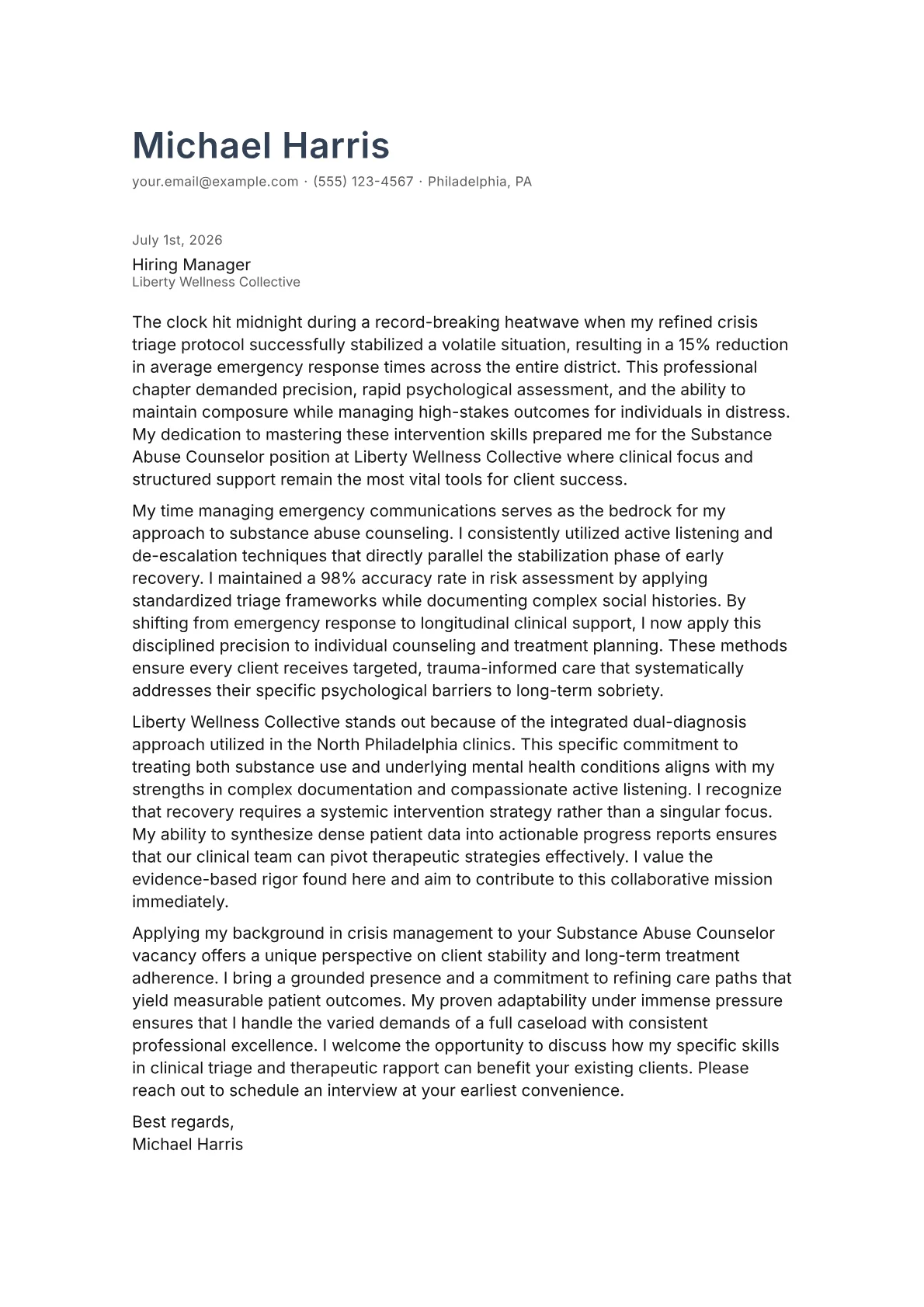 Substance Abuse Counselor cover letter in the Minimal design