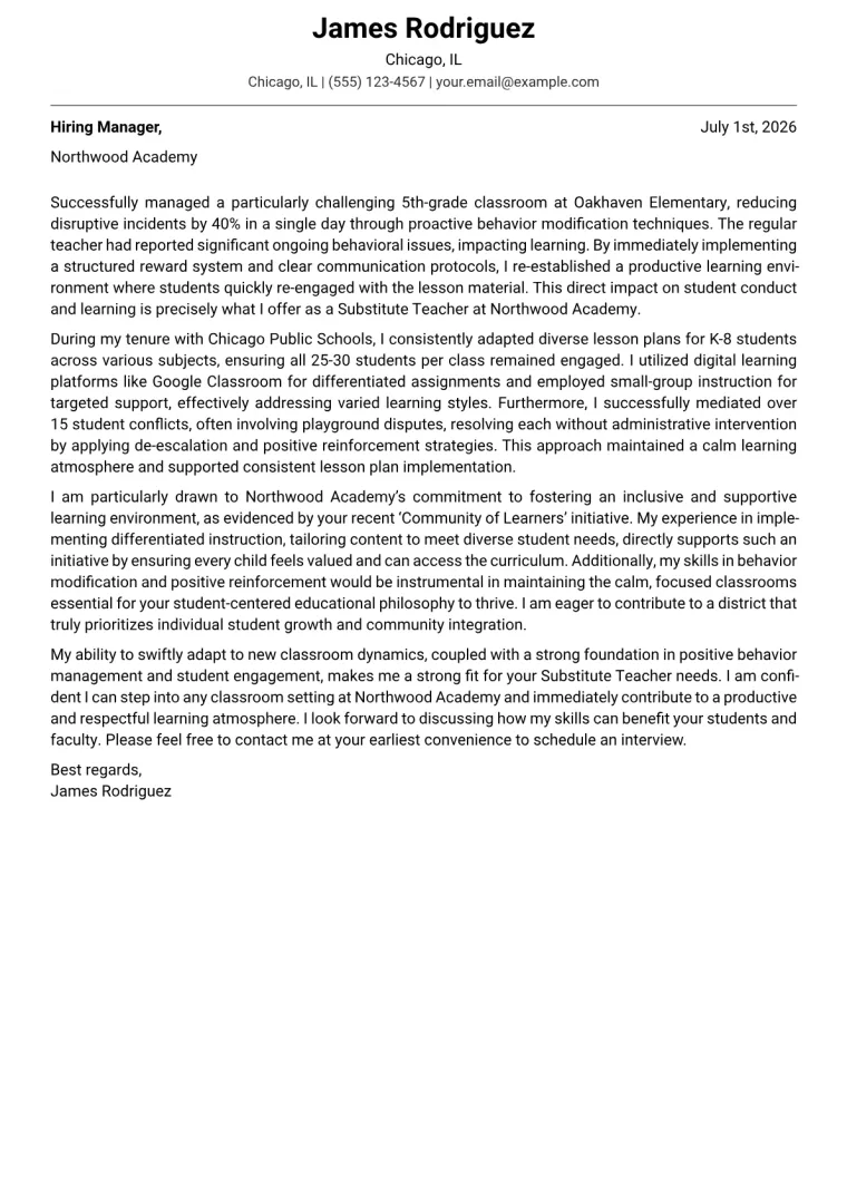 Substitute Teacher Cover Letter Example