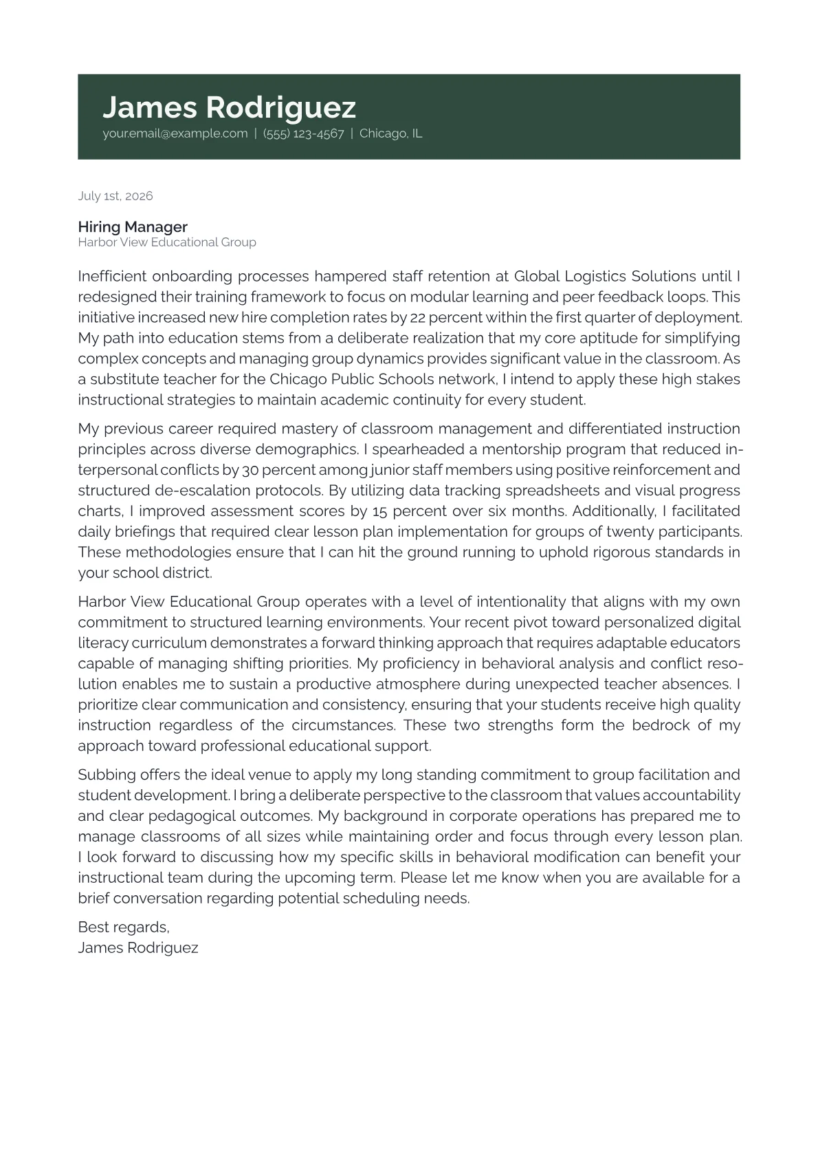 Substitute Teacher cover letter in the Banner design
