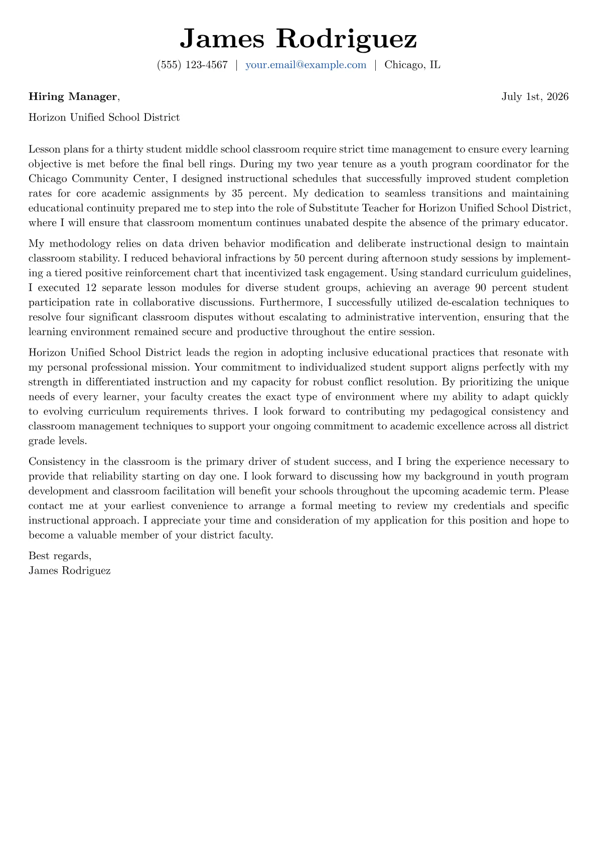 Substitute Teacher cover letter in the Basic design