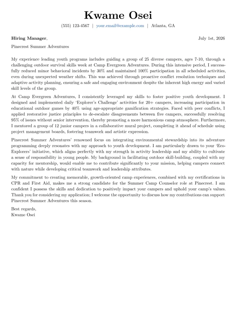 Summer Camp Counselor Cover Letter Example