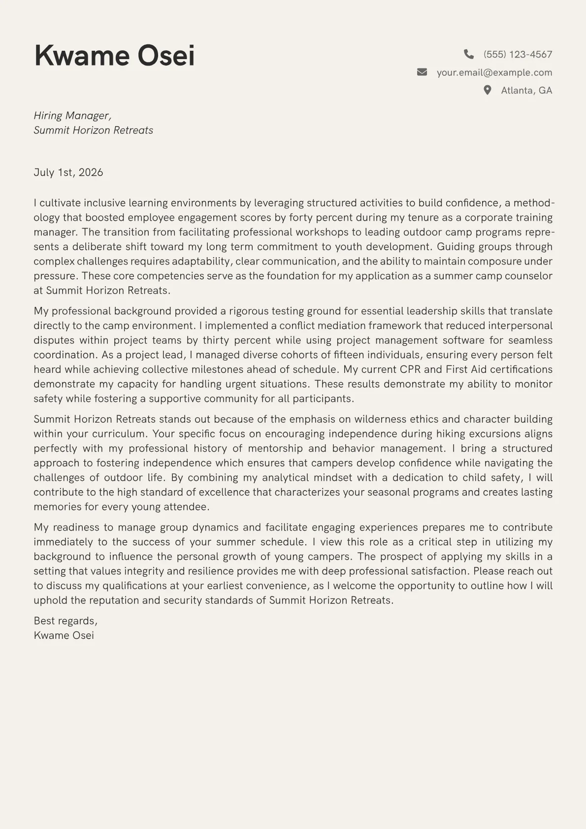 Summer Camp Counselor cover letter in the Creative design