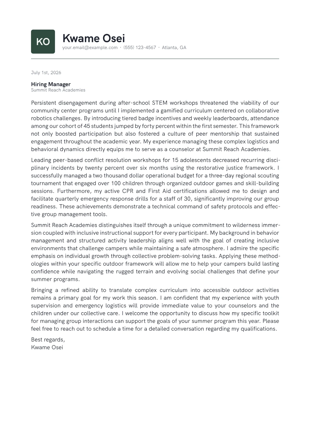 Summer Camp Counselor cover letter in the Emblem design