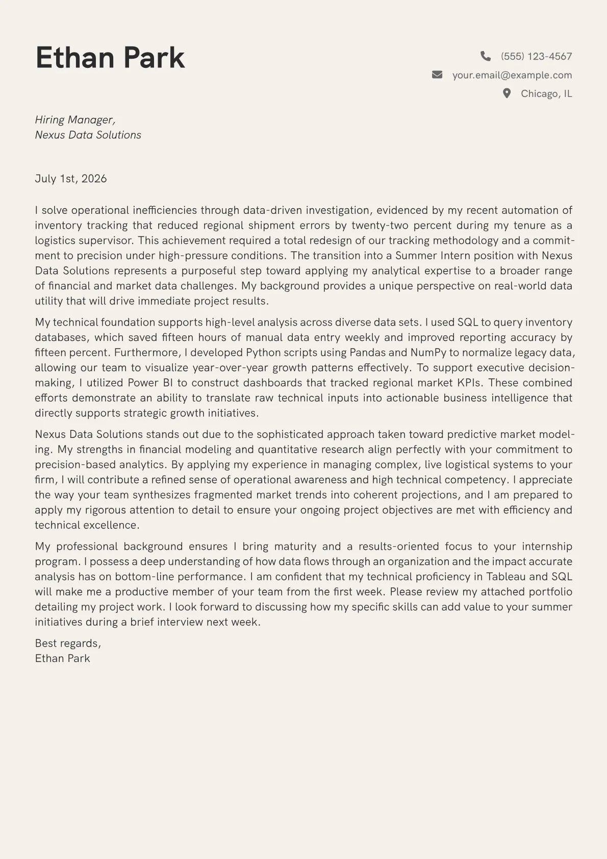 Summer Intern cover letter in the Creative design