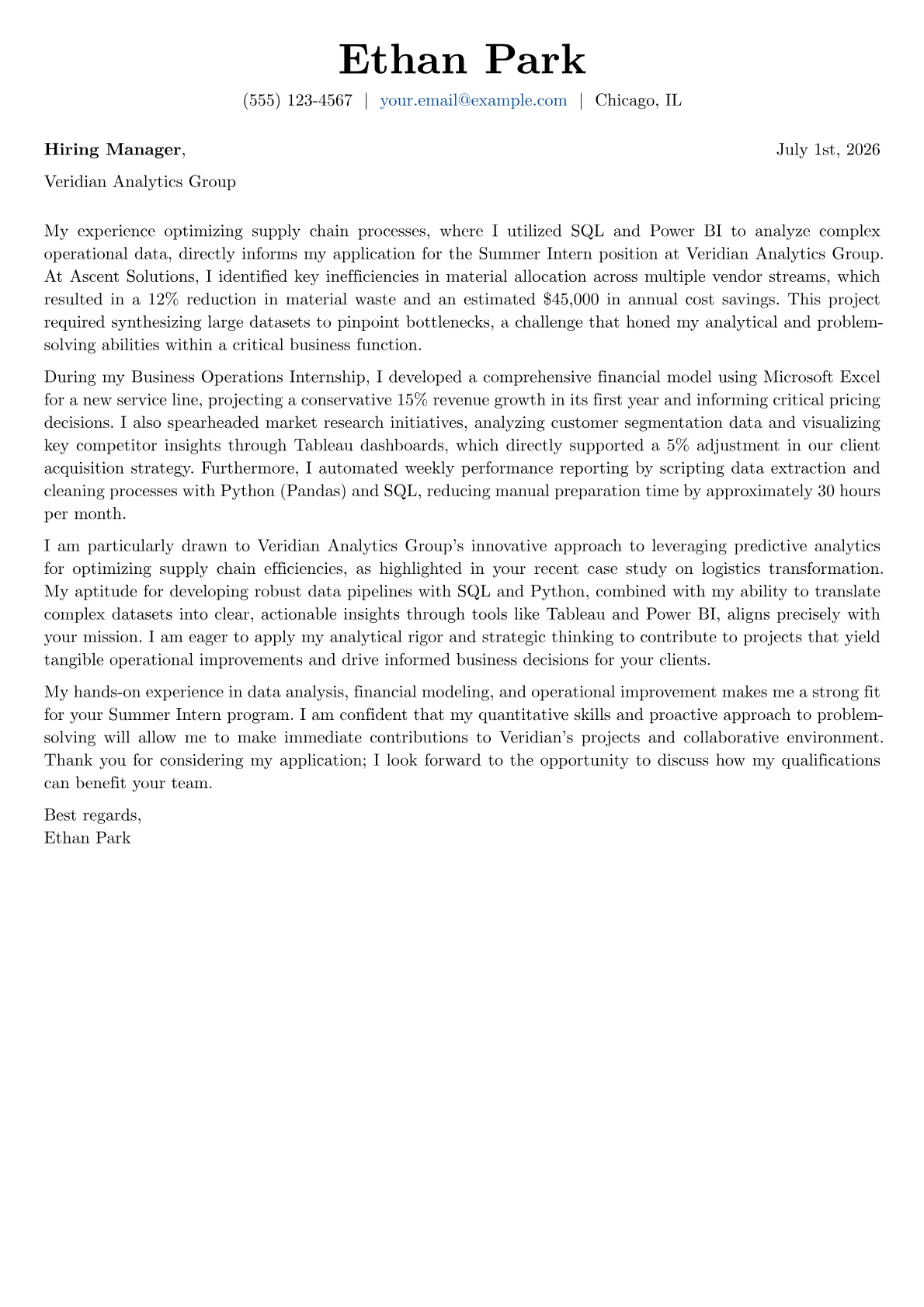 Summer Intern cover letter formatted with a JobSprout template
