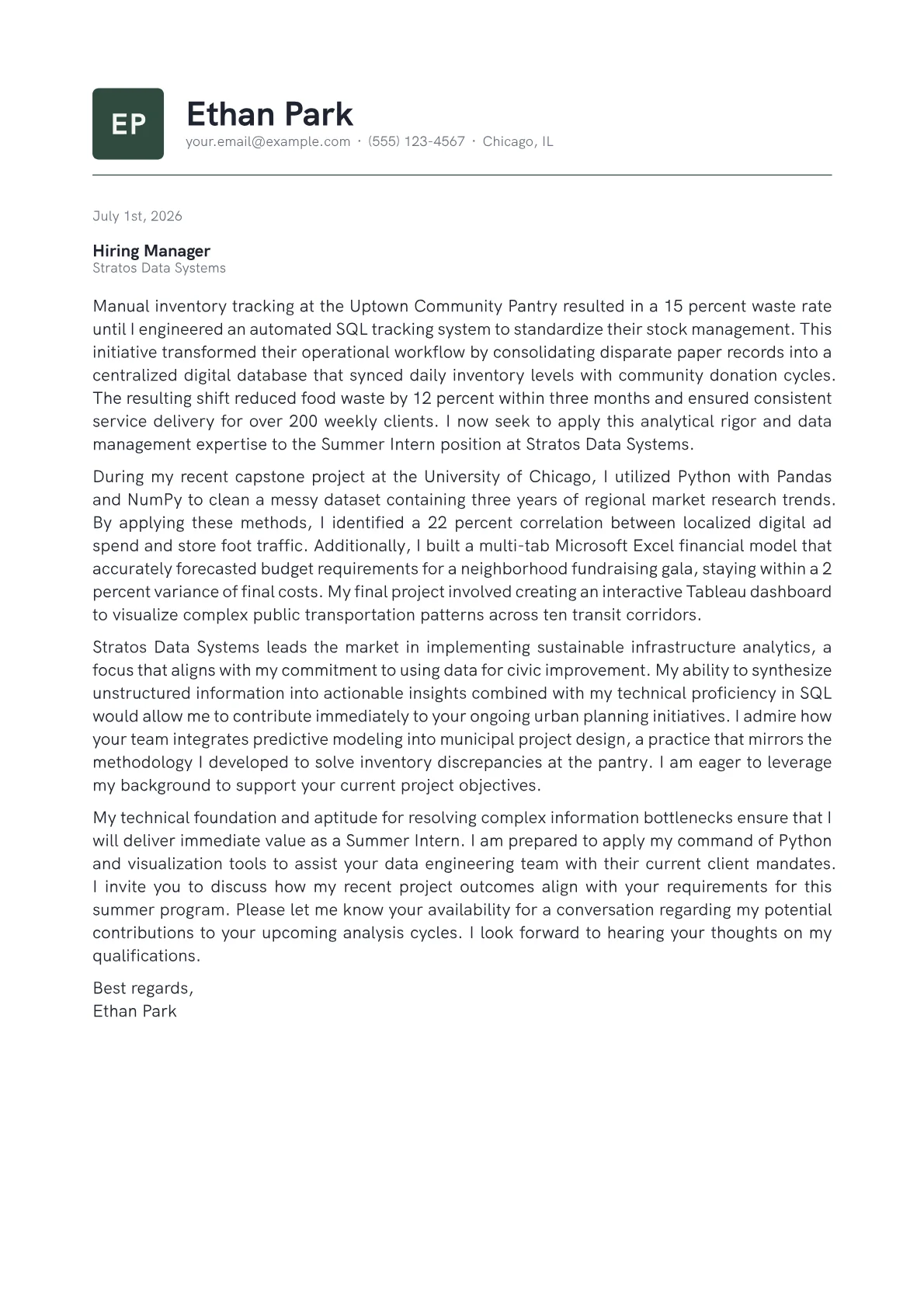 Summer Intern cover letter in the Emblem design