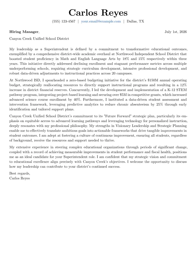 Superintendent cover letter example