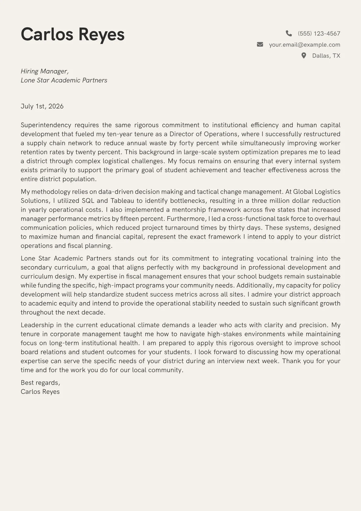 Superintendent cover letter in the Creative design
