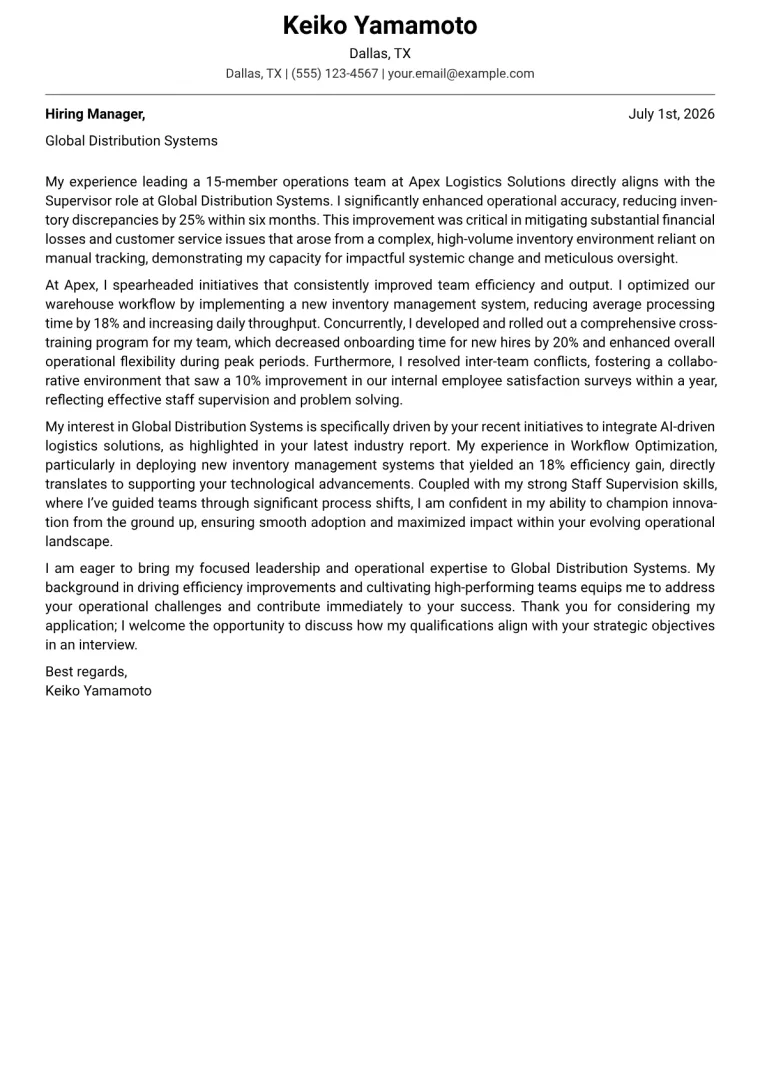 Supervisor Cover Letter Example