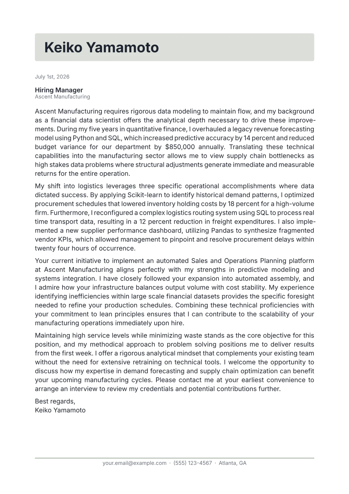 Supply Chain Analyst cover letter in the Letterhead design