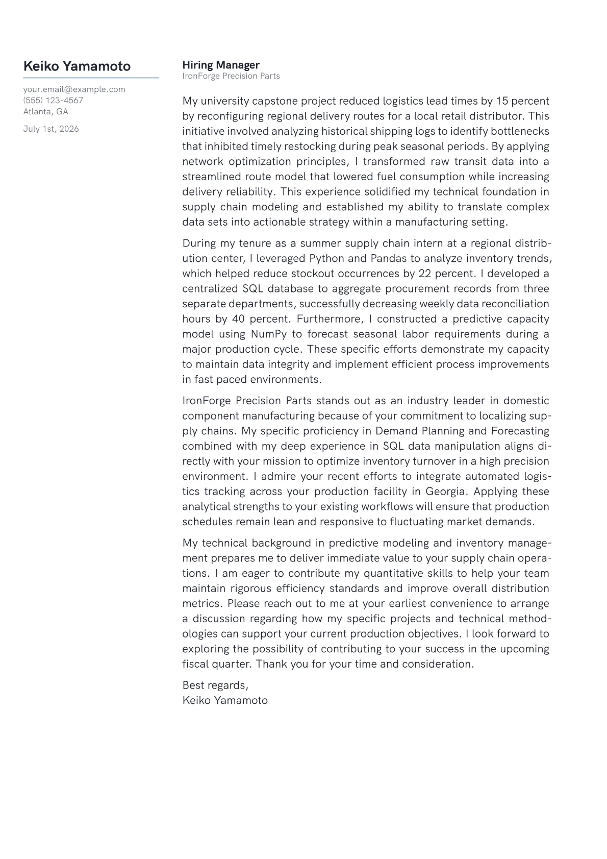 Supply Chain Analyst cover letter in the Margin design