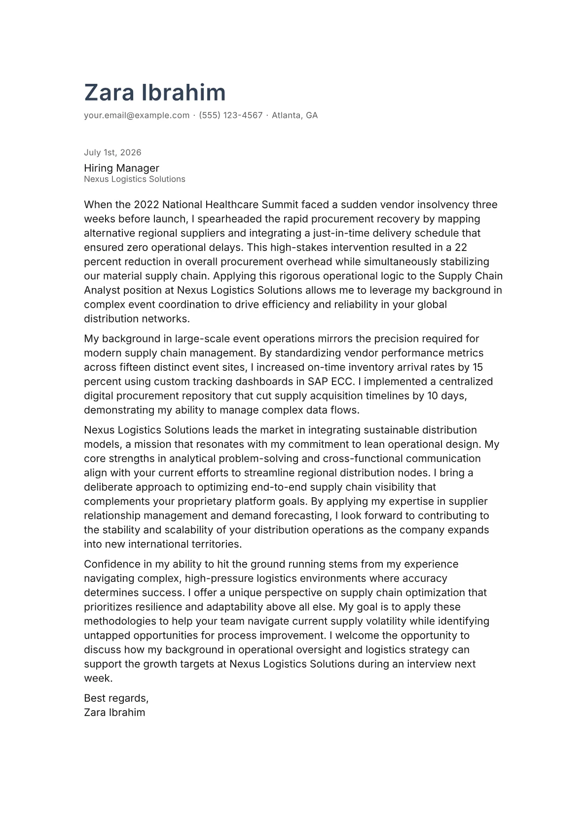 Supply Chain cover letter in the Minimal design