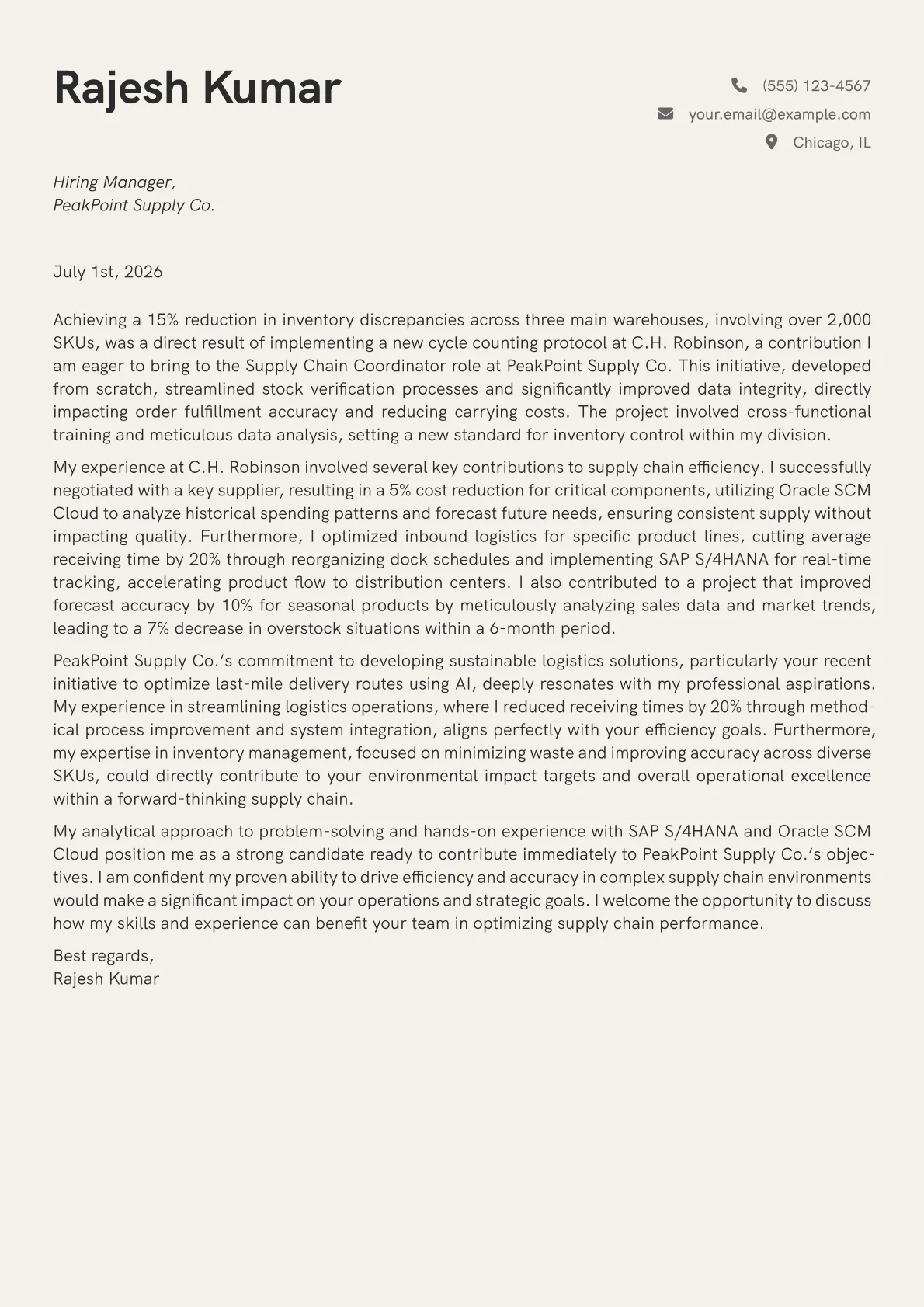 Supply Chain Coordinator cover letter formatted with a JobSprout template