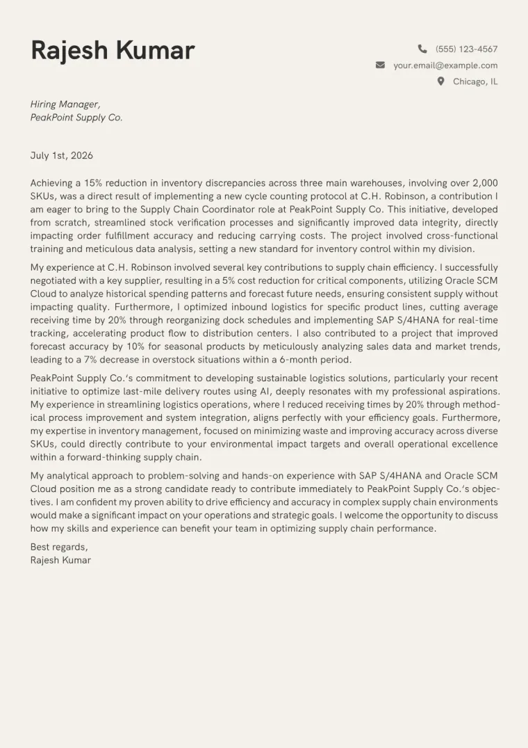 Supply Chain Coordinator Cover Letter Example