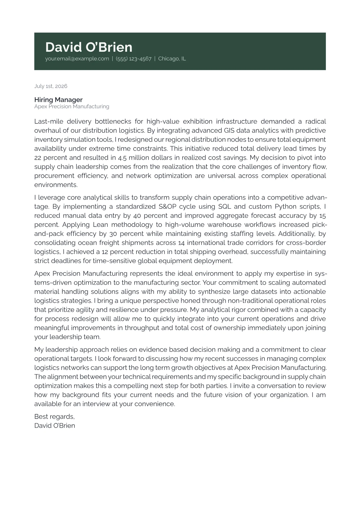 Supply Chain Director cover letter in the Banner design