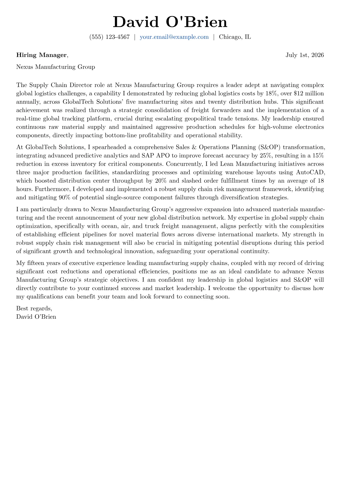 Supply Chain Director cover letter formatted with a JobSprout template