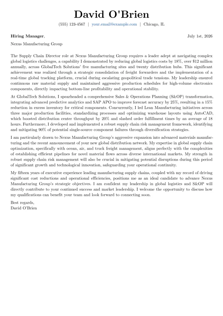 Supply Chain Director Cover Letter Example
