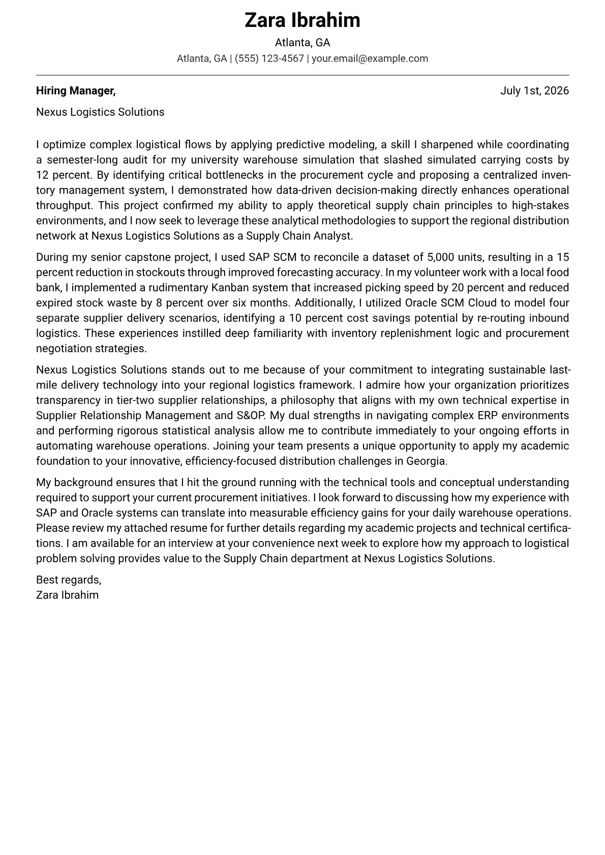 Supply Chain cover letter in the Modern design