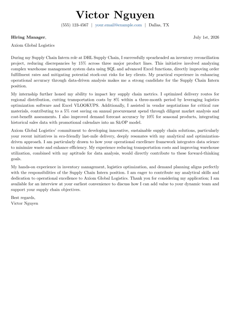 Supply Chain Intern Cover Letter Example