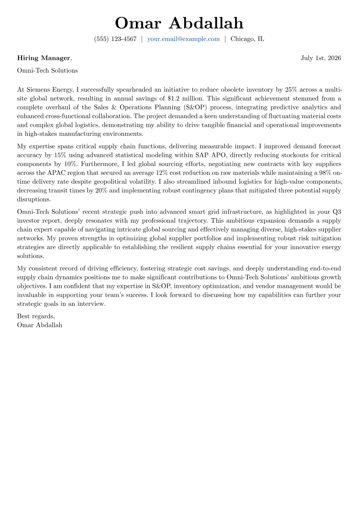 Supply Chain Manager cover letter formatted with a JobSprout template