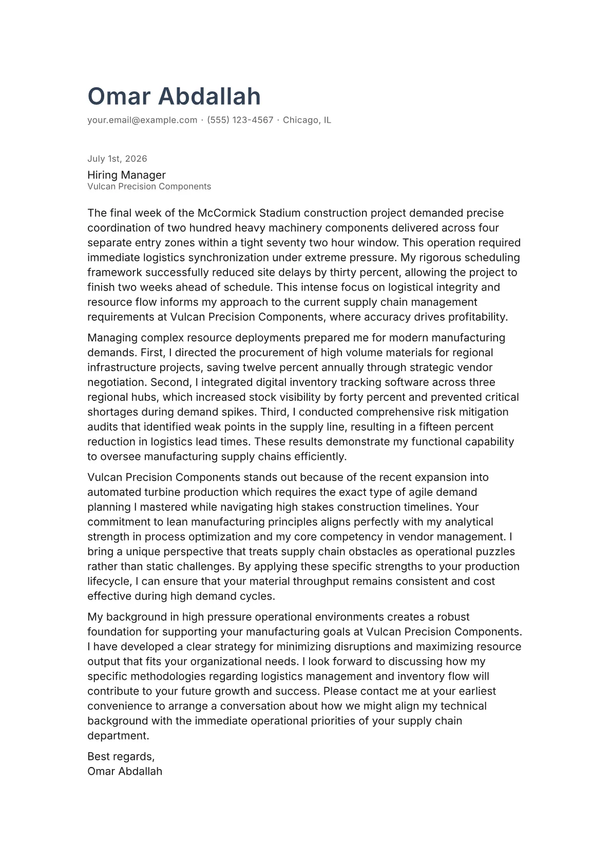 Supply Chain Manager cover letter in the Minimal design