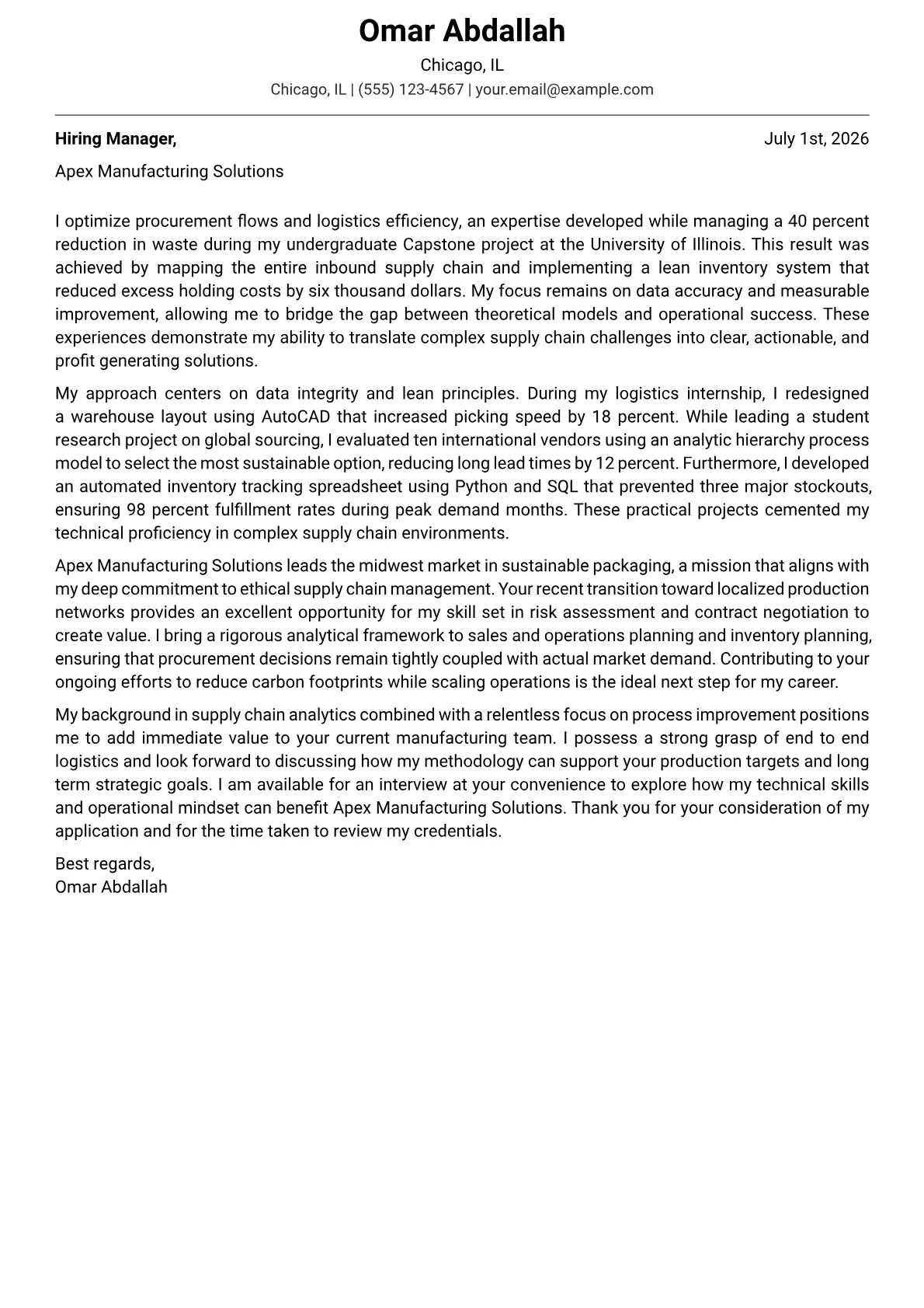 Supply Chain Manager cover letter in the Modern design