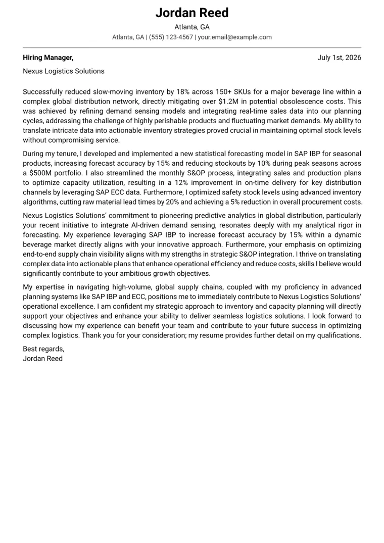 Supply Chain Planner Cover Letter Example