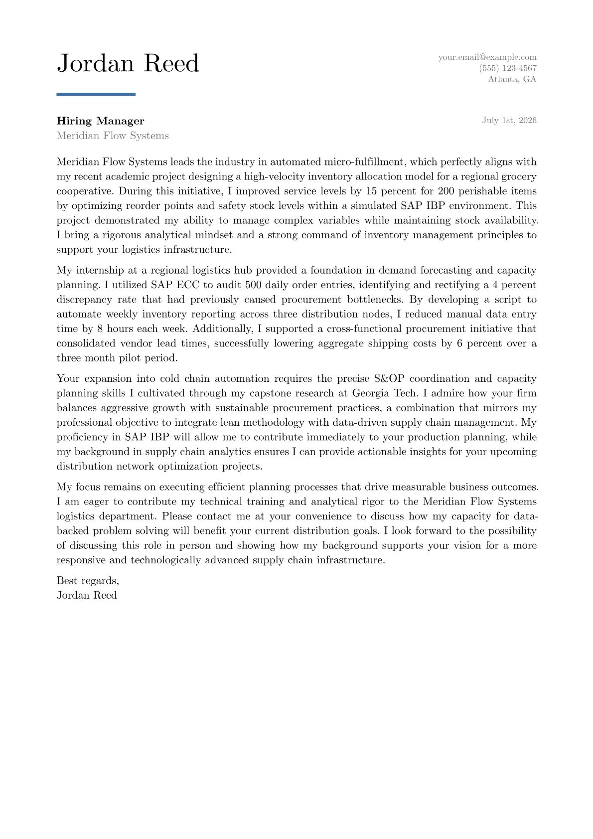 Supply Chain Planner cover letter in the Executive design