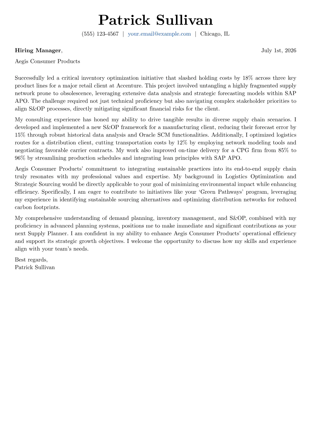 Supply Planner cover letter formatted with a JobSprout template