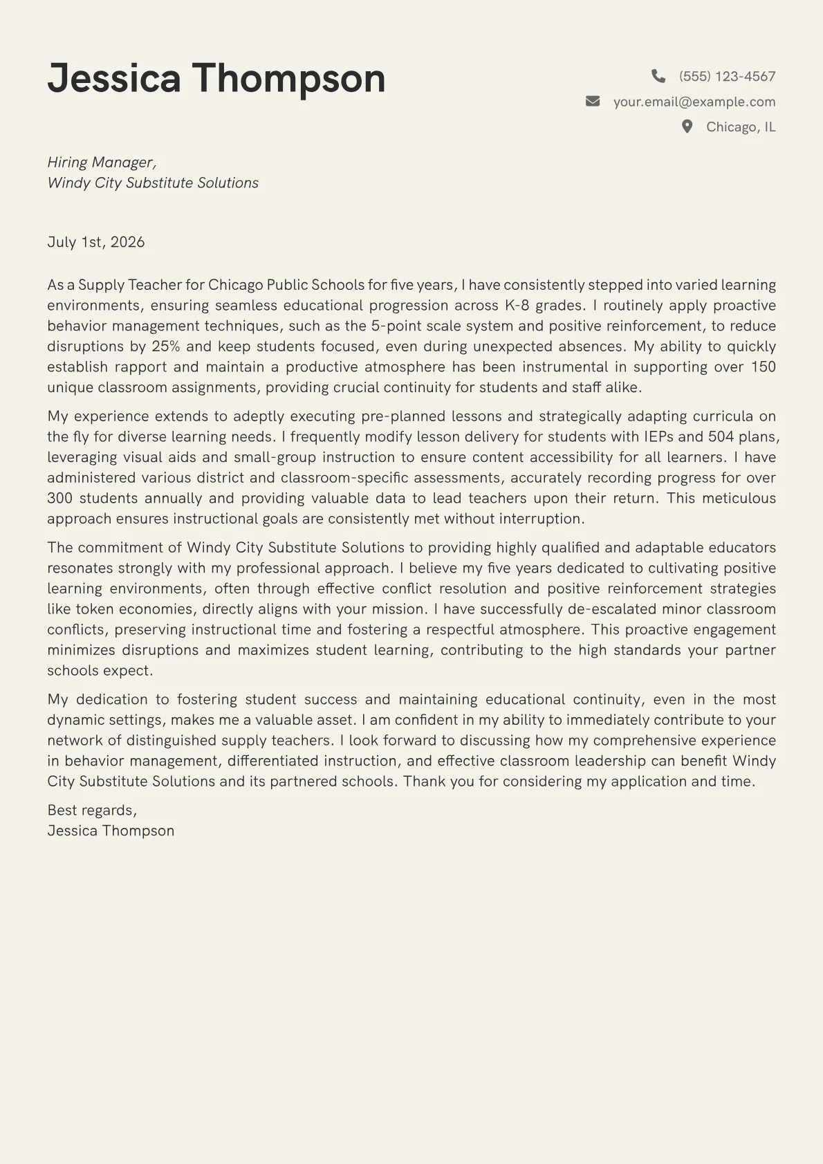 Supply Teacher cover letter formatted with a JobSprout template