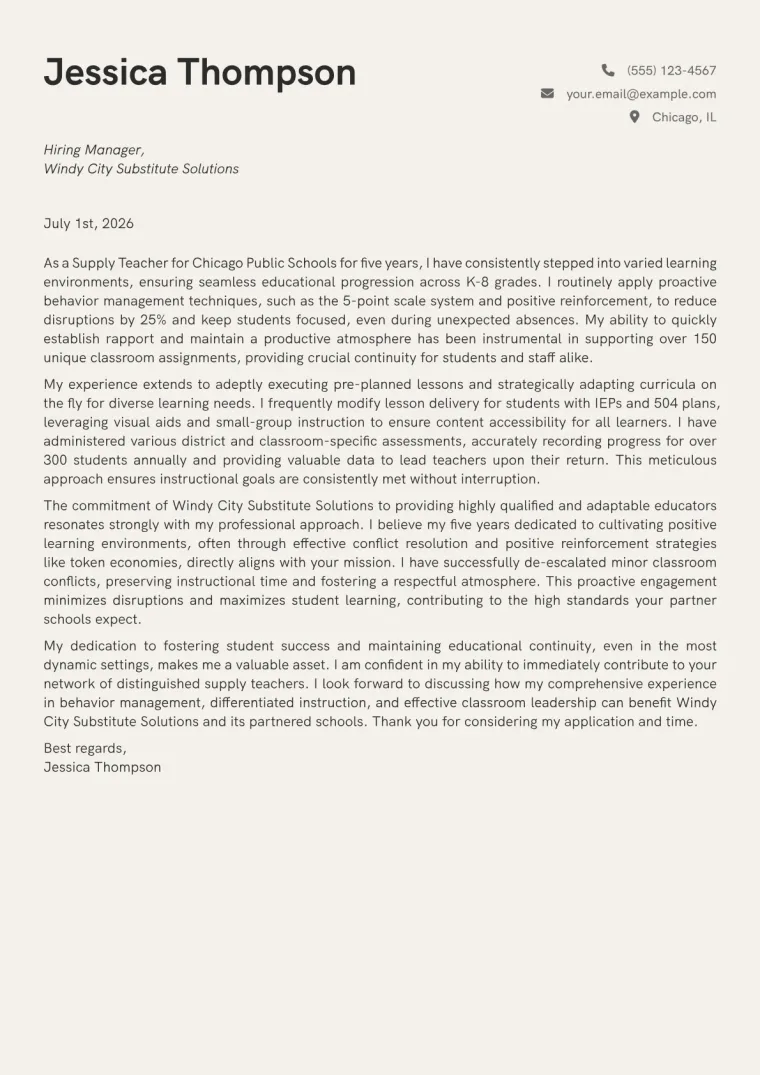 Supply Teacher cover letter example preview