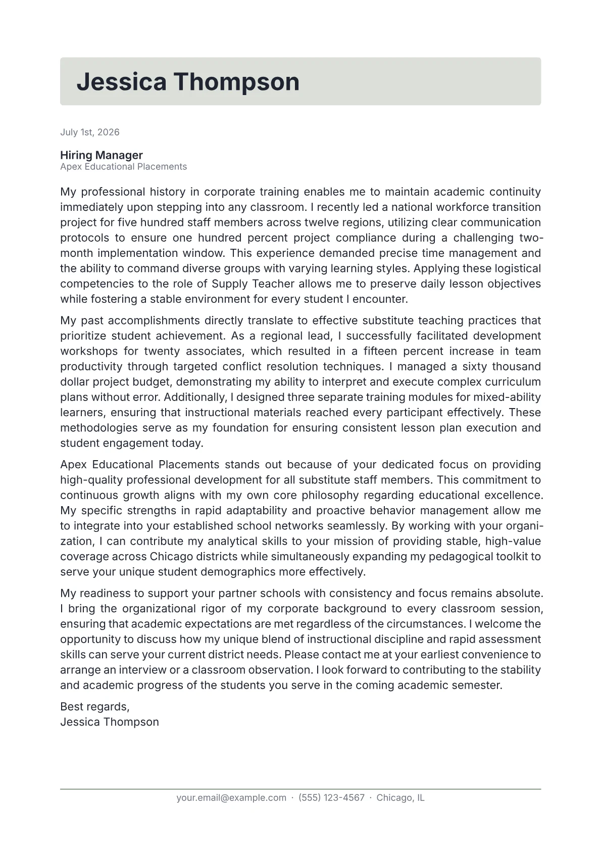 Supply Teacher cover letter in the Letterhead design