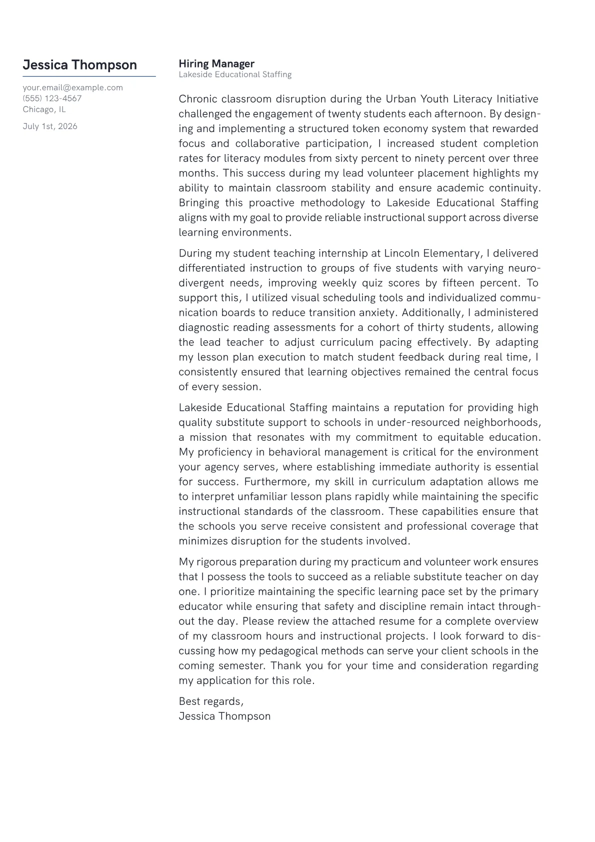 Supply Teacher cover letter in the Margin design